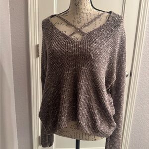 Express Cozy V-Neck Chenille Sweater with Crisscross Detail - Taupe